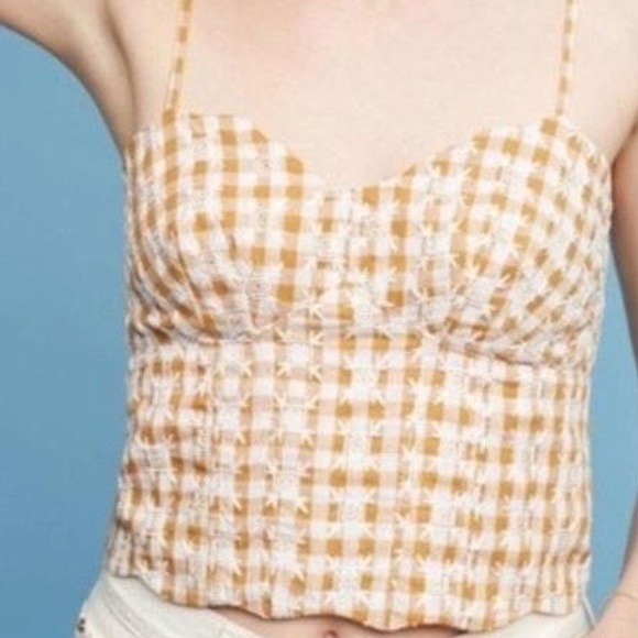 Anthropologie Maeve Mustard Yellow Gingham Embroidered Tank Top Size 8 - Picture 1 of 10